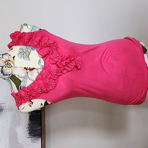 Pink top with ruffled embellishment, small, stretchable material